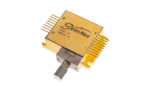 brass colored 4CM laser diode package with electrical pins, output optical fiber and white top label