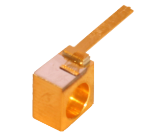 brass colored laser diode c-mount, square with circular through hole