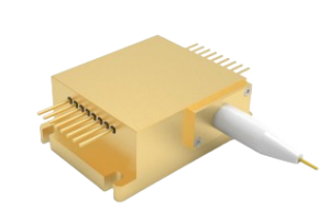 brass colored laser diode housing with electrical pins, fiber optic cable with connector and white label