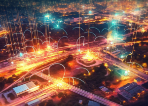 AI generated image showing a city at night with beacons and arcs of light connecting buildings illustrating a vast, modern communication network