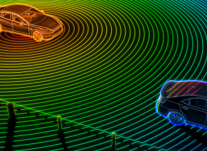 computer generated image of a vehicle sending out a ring of waves or signals and detecting another vehicle to illustrate autonomous vehicle LIDAR