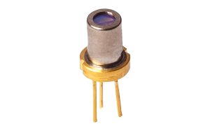 brass colored to-56 laser diode package, circular with 3 electrical pins and a tall silver cap with optical window