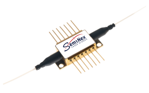 brass colored laser diode housing with 14 pins and a fiber attached to either end