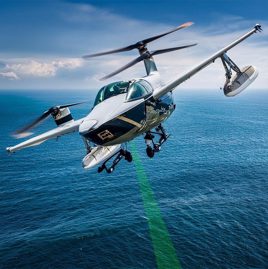 plane over water with laser beam pointed downward for bathymetry application