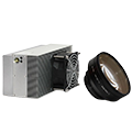 compact OEM DPSS laser housing, gray with cooling fins, mounted fan, and seperate F-theta lens