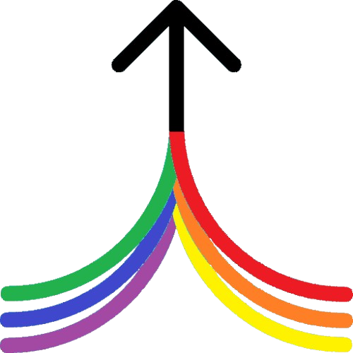 simple line graphic with multiple colored curved lines joining into a single vertical arrow line illustrating multi-wavelength beam combiners