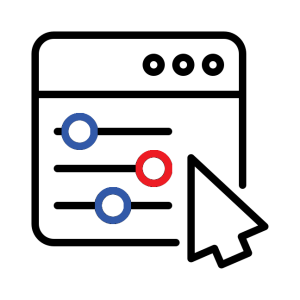 settings window with slider bars and arrow cursor representing laser options and configurations