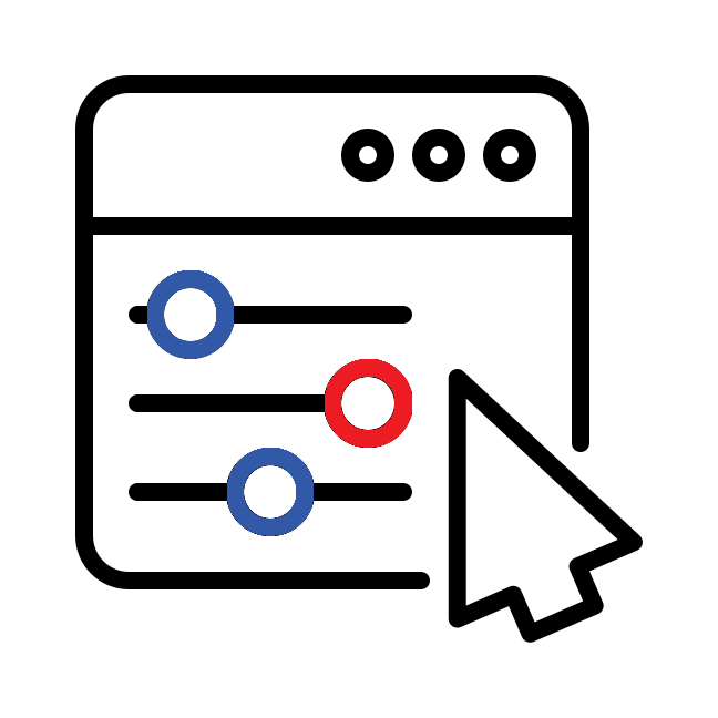 settings window with slider bars and arrow cursor representing laser options and configurations