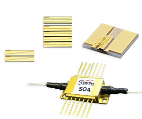 chip on carrier, straight, tilted, and curved waveguide chips, and a 14-pin butterfly package for semiconductor optical amplifiers SOAs