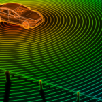 computer generated image of a vehicle sending out a ring of waves or signals and detecting another vehicle to illustrate autonomous vehicle LIDAR