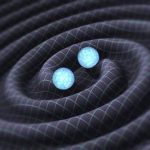 computer graphic illustration of two masses like starts, closely orbiting and emitting gravitational waves