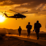 battlefield with setting sun, four soldiers marching and a helicopter hovering in the center - defense & military applications