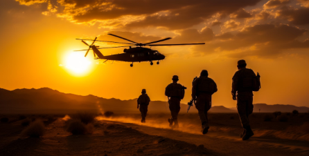 battlefield with setting sun, four soldiers marching and a helicopter hovering in the center - defense & military applications