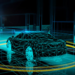 computer illustration of automotive LIDAR a vector line car and scene with yellow pulses coming from the car