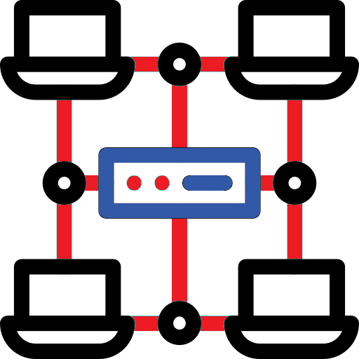 simple line art of four computer endpoints networked together with a center switch or server