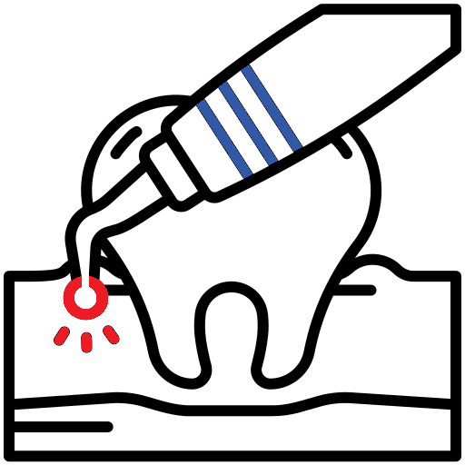 simple line art of a handheld laser and a tooth and gumline illustrating dental lasers