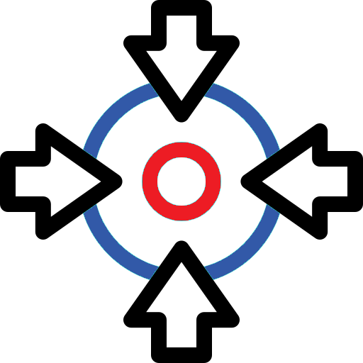 simple line graphic with 2 concentric circles and 4 arrows pointing from the outer to the inner circle illustrating focus or a reduction in size