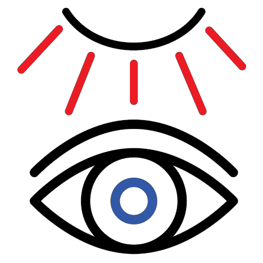 simple line art of a sun shining down on an eye illustrating bright, visible, high-visibility lasers